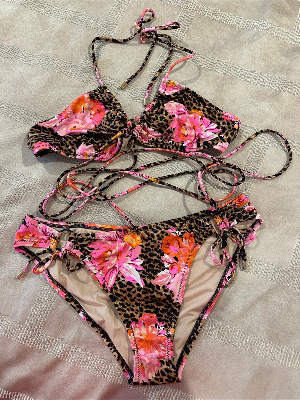 Victoria’s Secret Floral & Leopard Print String Bikini Set - Pink & Brown
